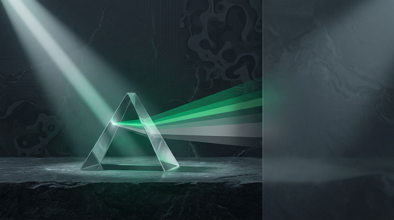 Abstract single beam of light refracting through a prism into green spectrum bands on dark stone illustrating ai content and google search: the practical quality rules