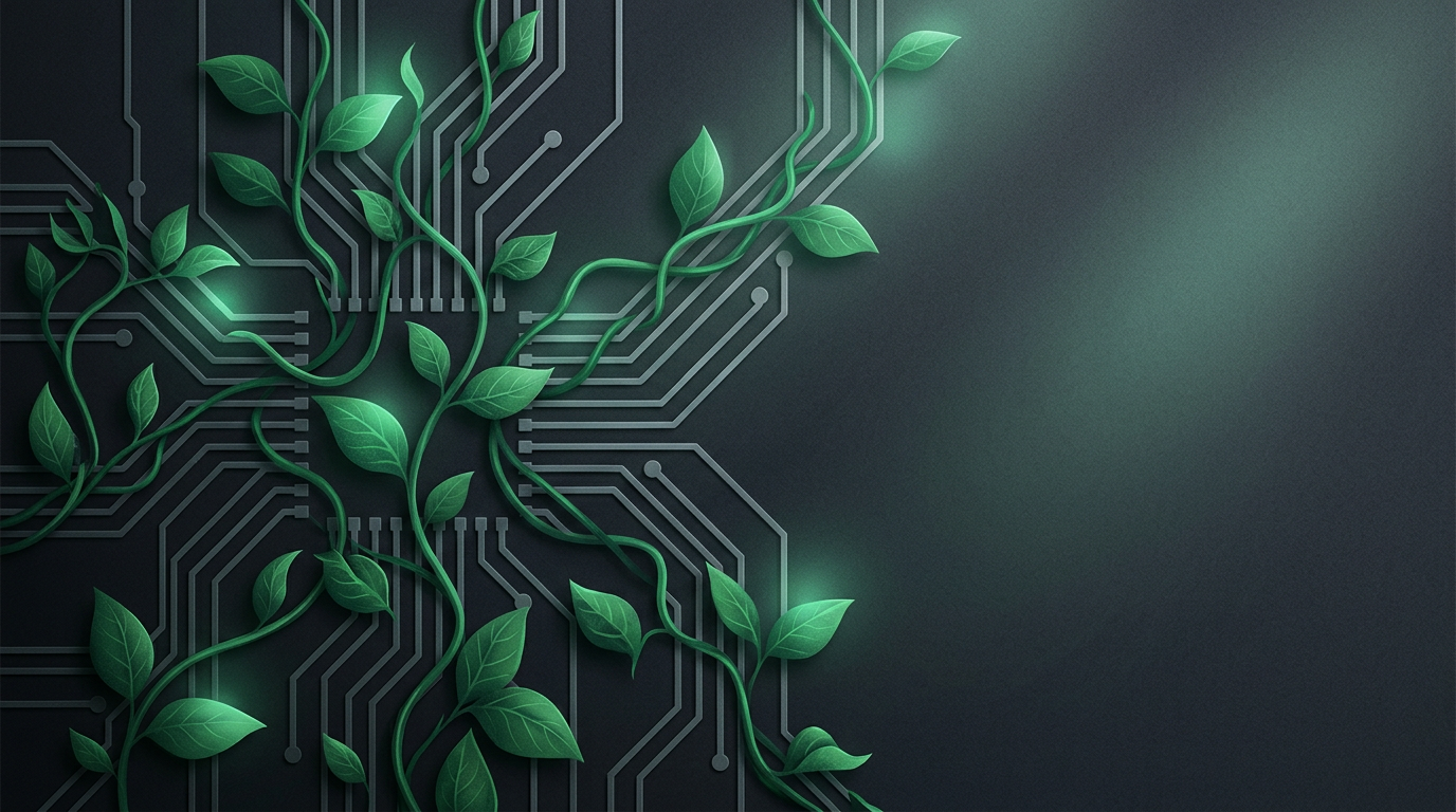 Abstract organic vines growing along circuit traces illustrating ai overviews traffic loss: how to diagnose and pivot