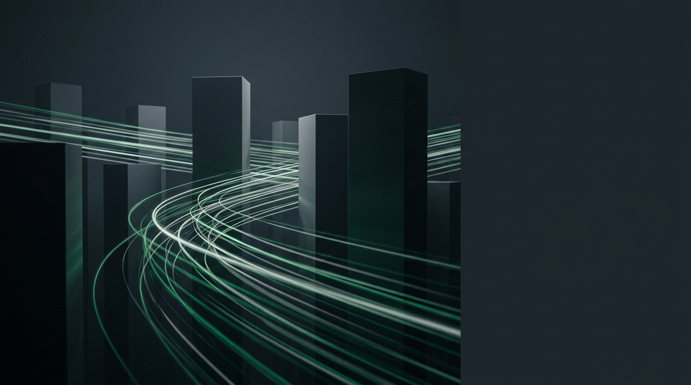 Abstract long exposure light trails weaving between dark monoliths illustrating anchor text in link outreach: what to ask for and avoid