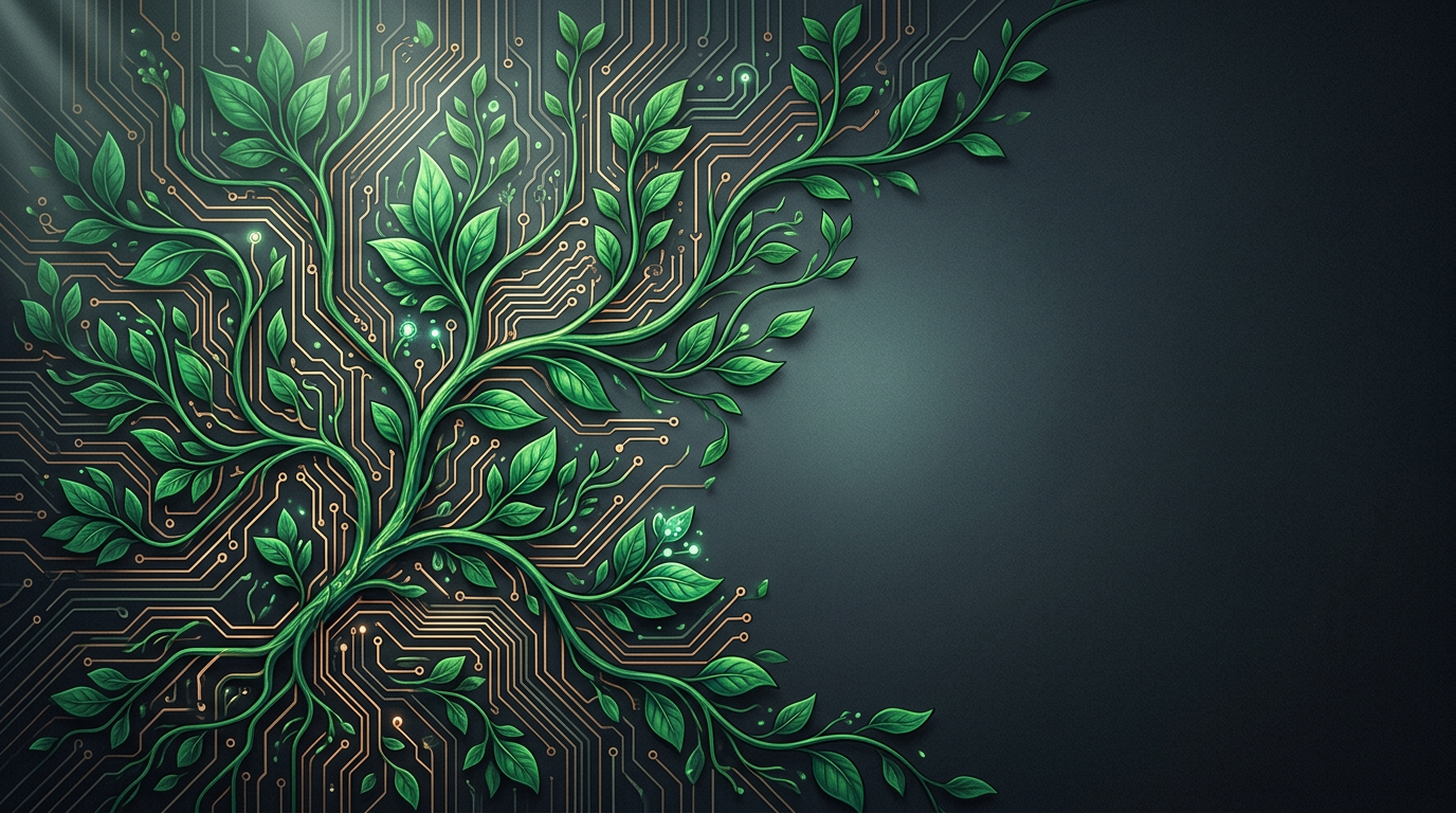 Abstract organic vines growing along circuit traces illustrating category page seo for ecommerce: architecture and facets