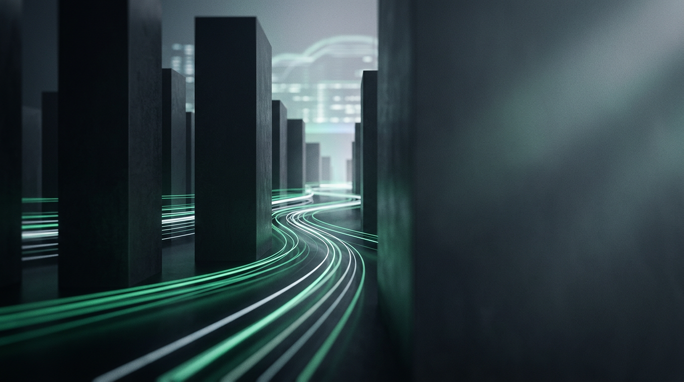 Abstract long exposure light trails weaving between dark monoliths illustrating cold email deliverability for direct mailbox senders