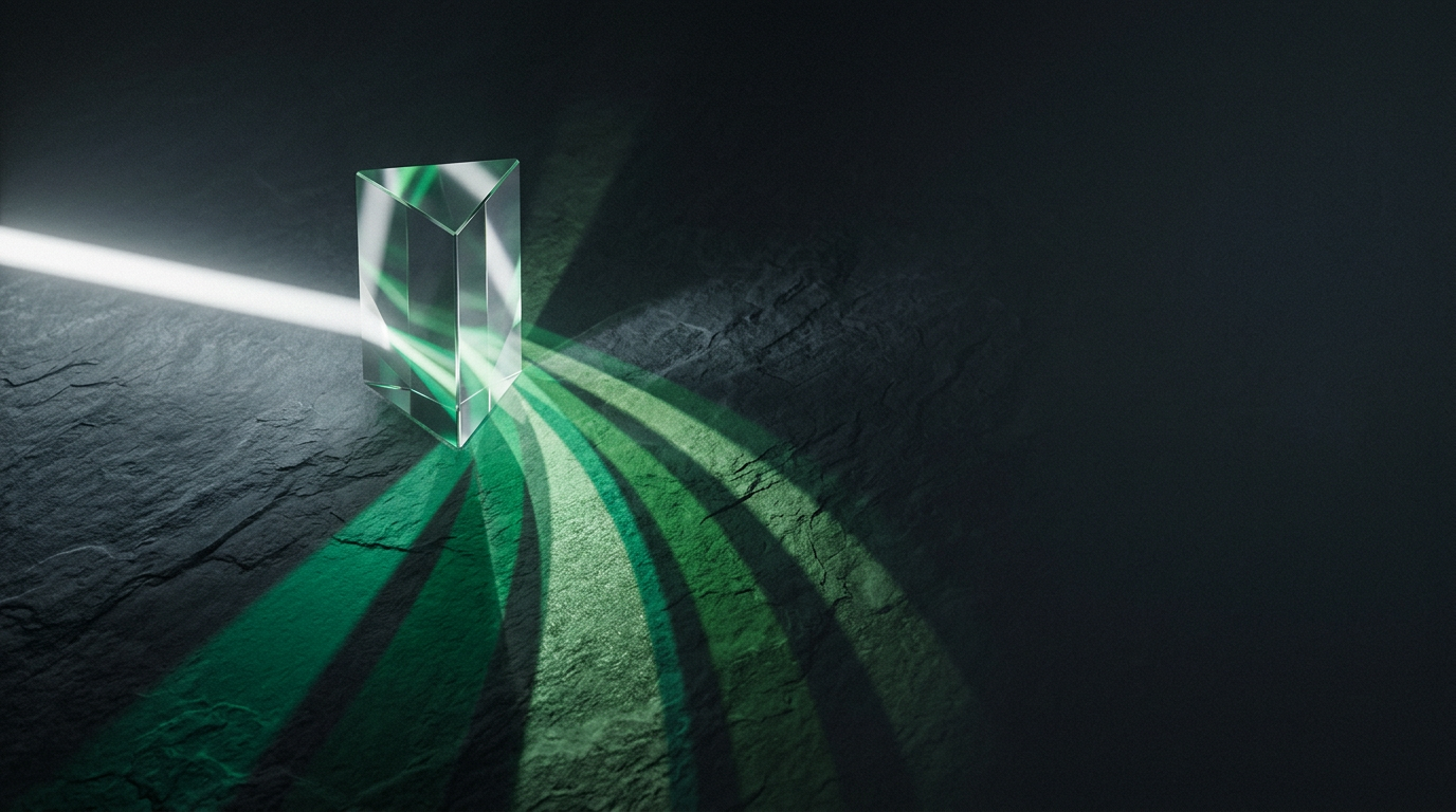 Abstract single beam of light refracting through a prism into green spectrum bands on dark stone illustrating do i need an seo agency? an honest decision guide