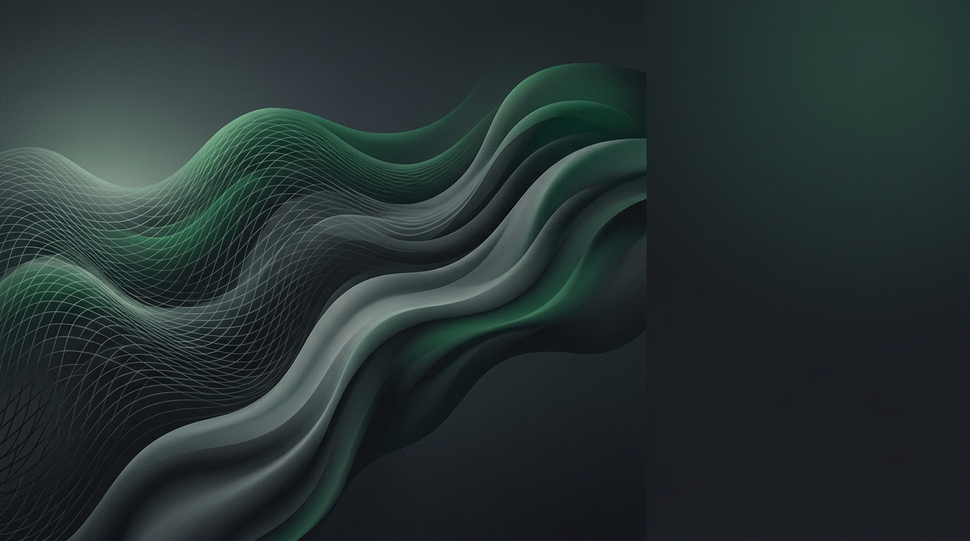 Abstract sculpted mesh gradient waves in slate and emerald illustrating eeat seo: what moves rankings and what is pure noise