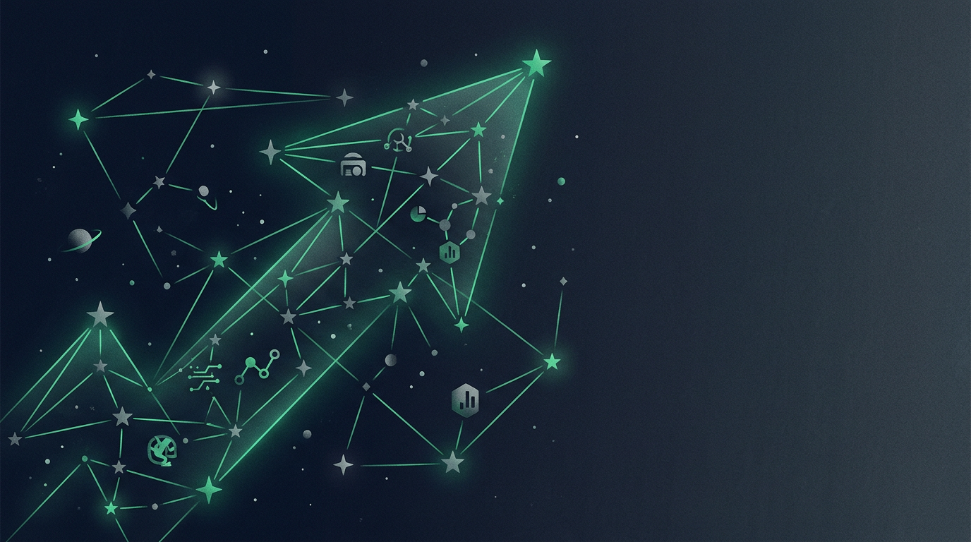 Abstract constellation map of connected stars forming an abstract arrow illustrating free tools for link building: the zero-budget stack