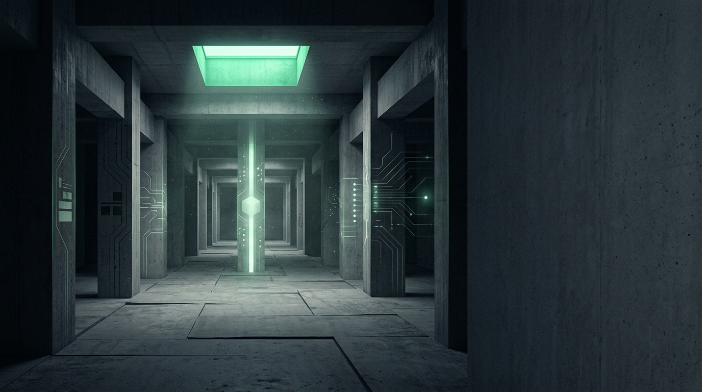 Abstract brutalist architecture corridor with a single emerald skylight illustrating generative engine optimization and ai citation mechanics