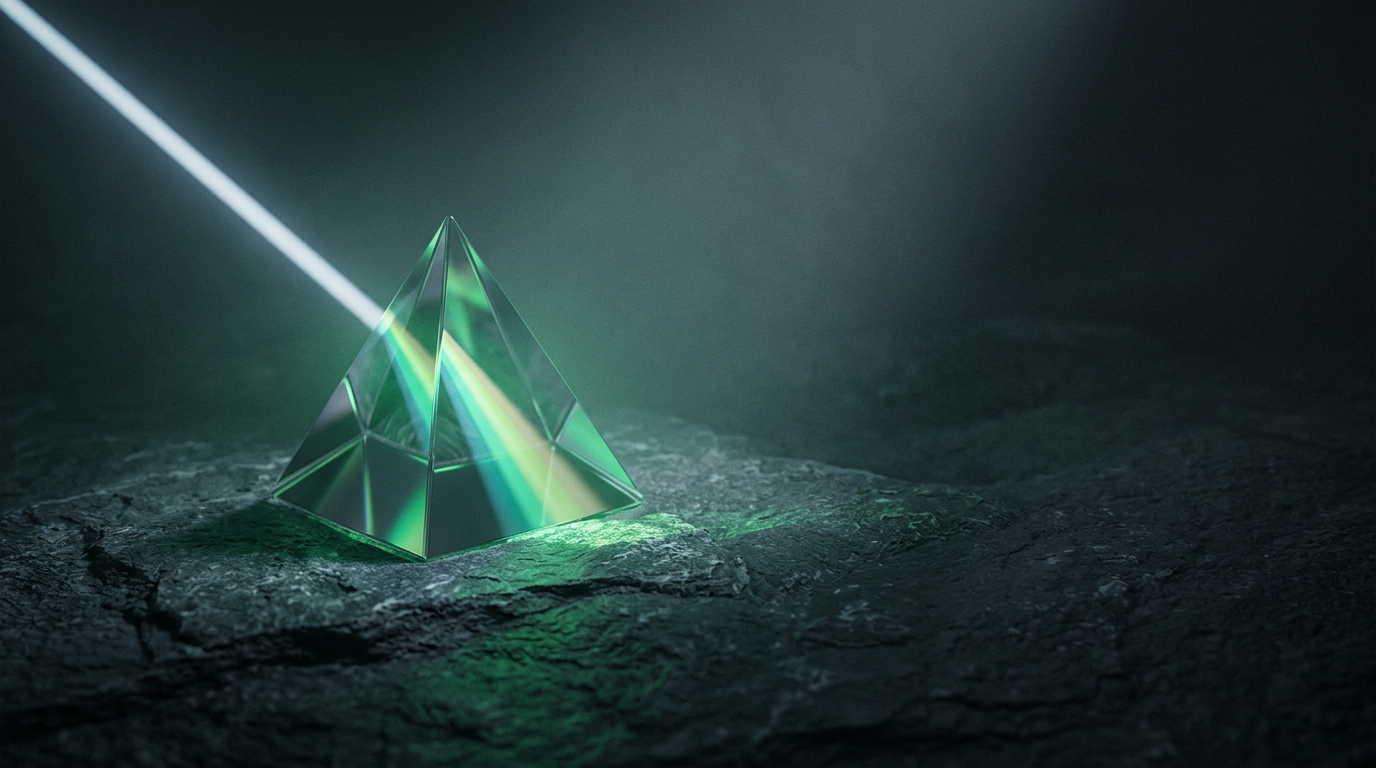 Abstract single beam of light refracting through a prism into green spectrum bands on dark stone illustrating google algorithm update recovery: a forensic diagnostic guide