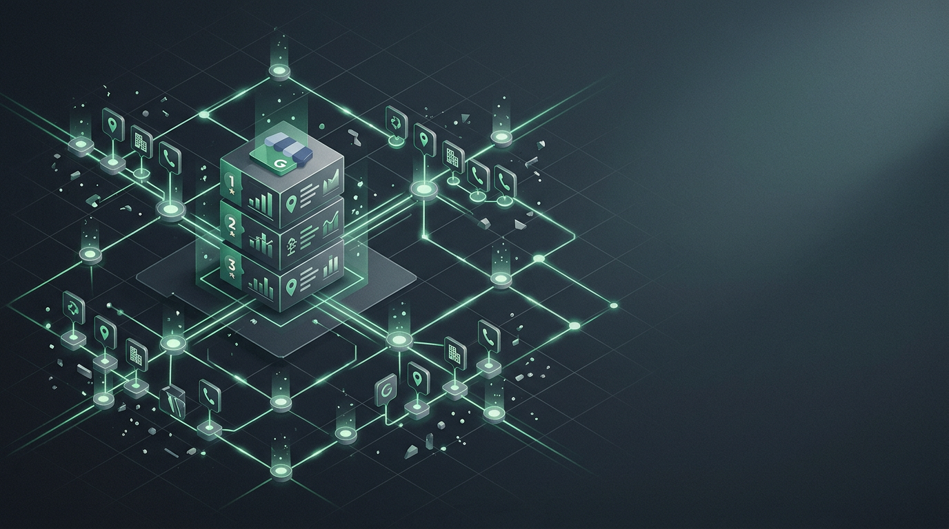 Abstract isometric 3D network of glowing linked nodes and thin light beams over a dark slate grid illustrating google business profile optimization that moves local rankings