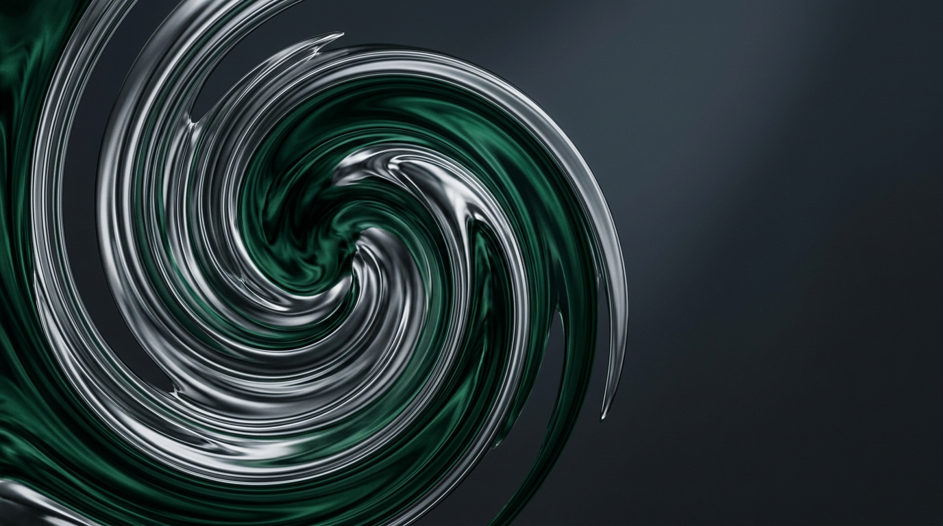 Abstract liquid chrome and emerald ink swirling into a spiral illustrating guest posting for seo without violating google guidelines