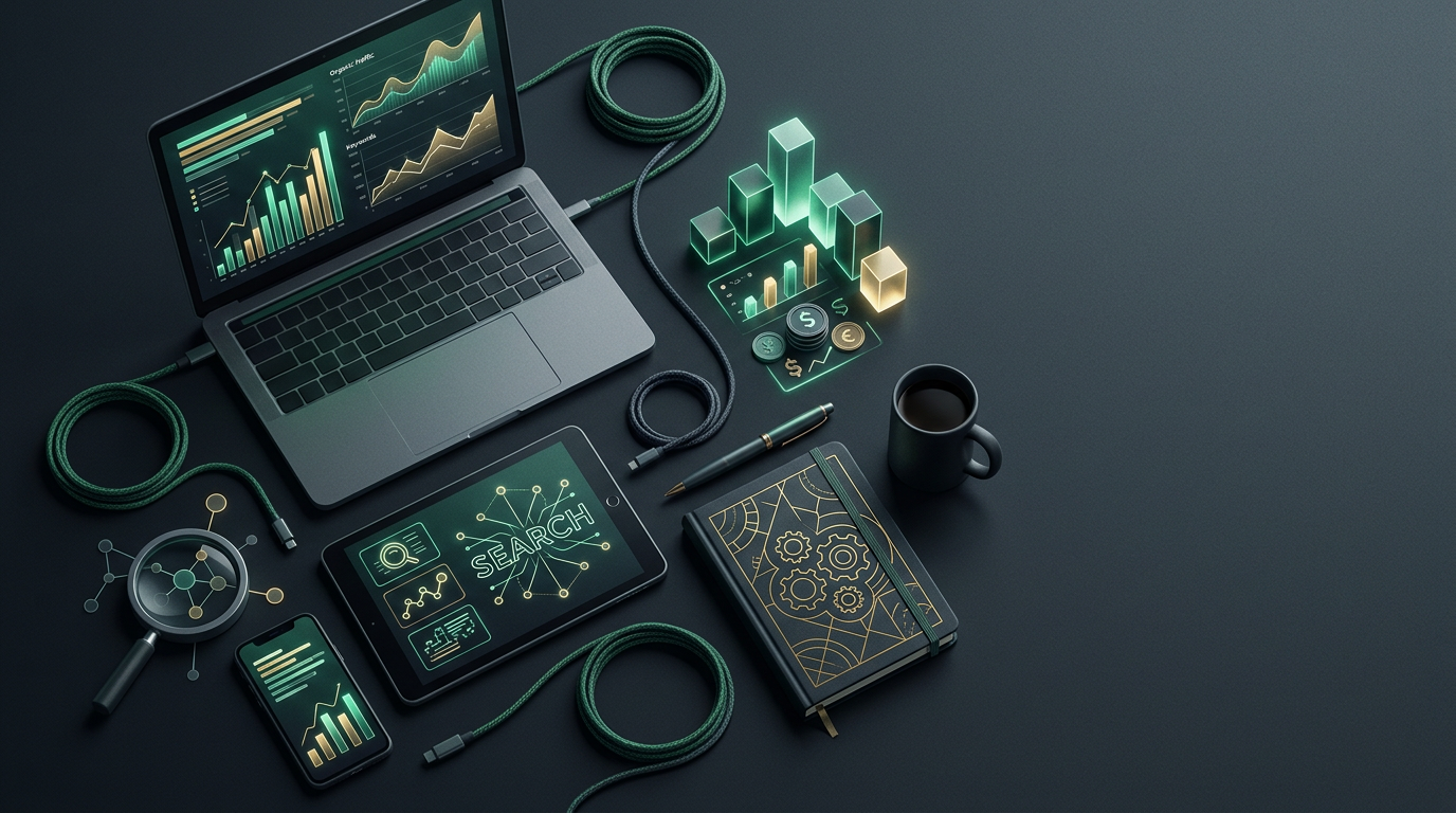 Abstract overhead flat lay of a dark desk with tools illustrating how much does seo cost? agency, freelance, and diy pricing