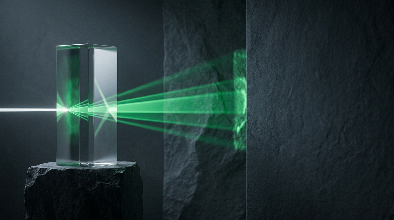 Abstract single beam of light refracting through a prism into green spectrum bands on dark stone illustrating how to get cited by ai search engines