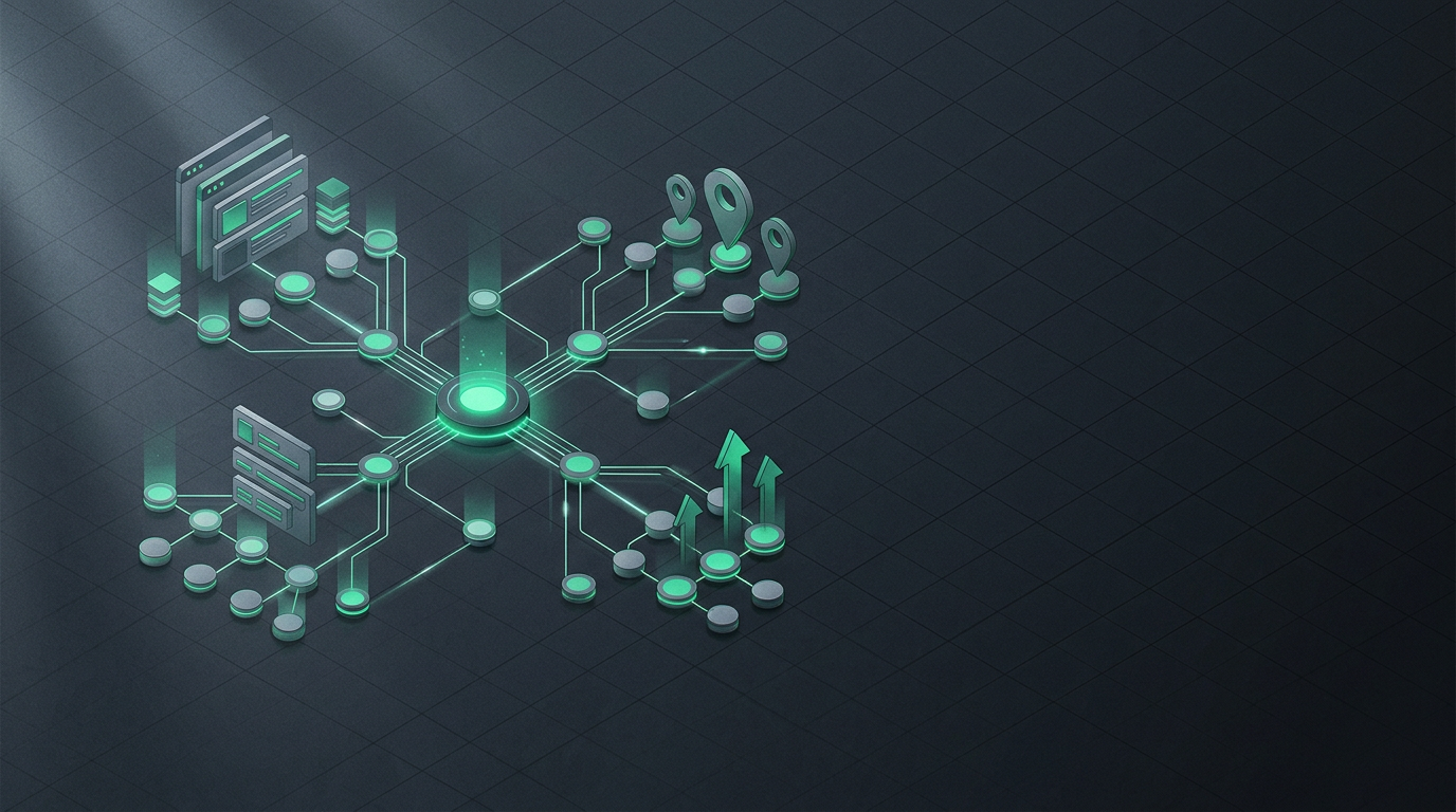 Abstract isometric 3D network of glowing linked nodes and thin light beams over a dark slate grid illustrating how to get traffic to your website on a zero budget