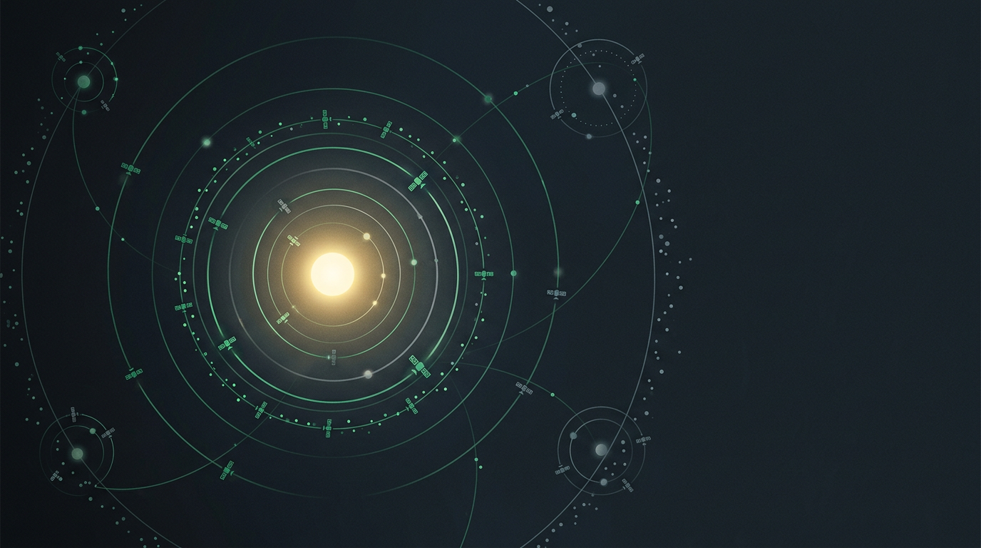 Abstract orbital rings of small satellites circling a single bright core illustrating how to rank in google maps and expand your radius