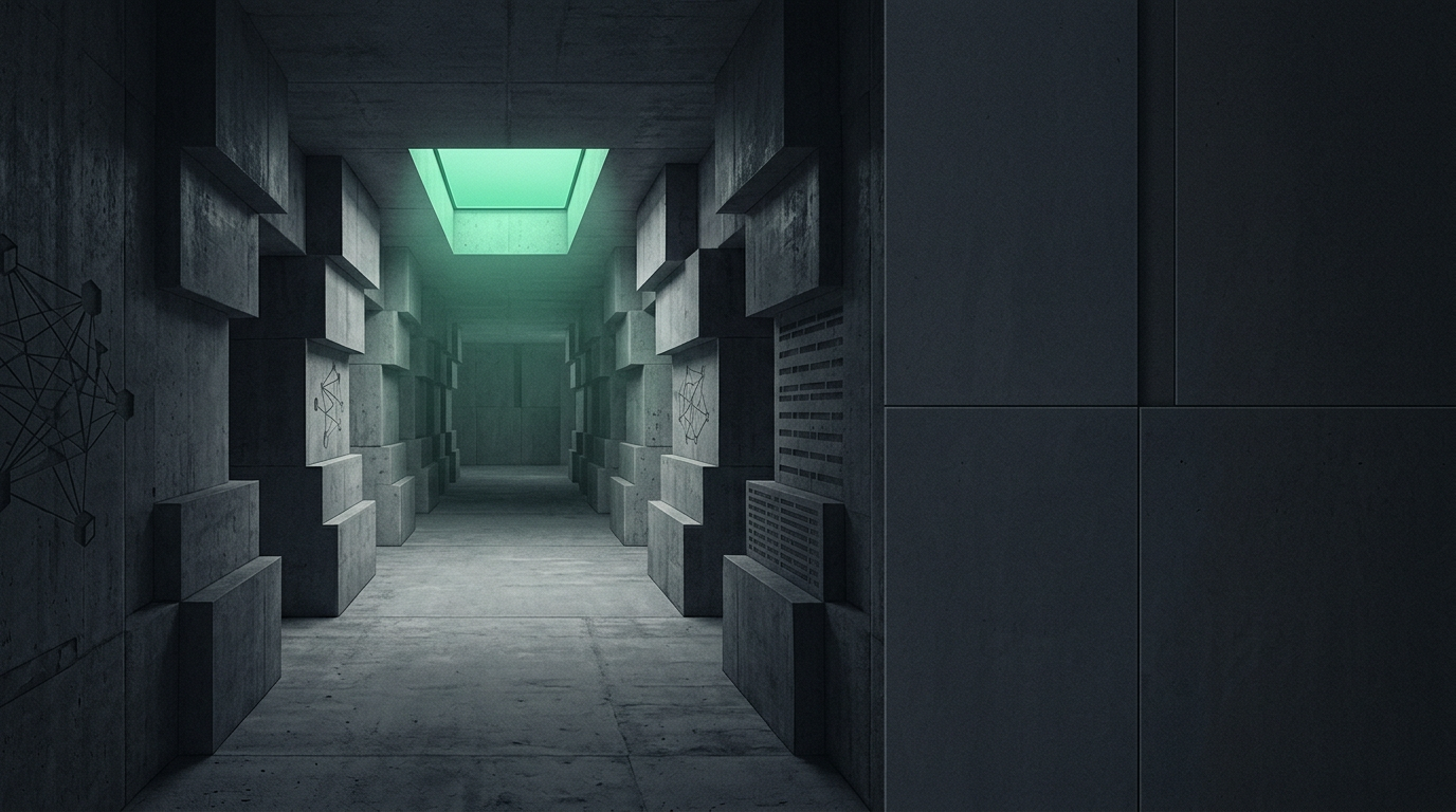 Abstract brutalist architecture corridor with a single emerald skylight illustrating link building in modern seo: how to earn editorial links