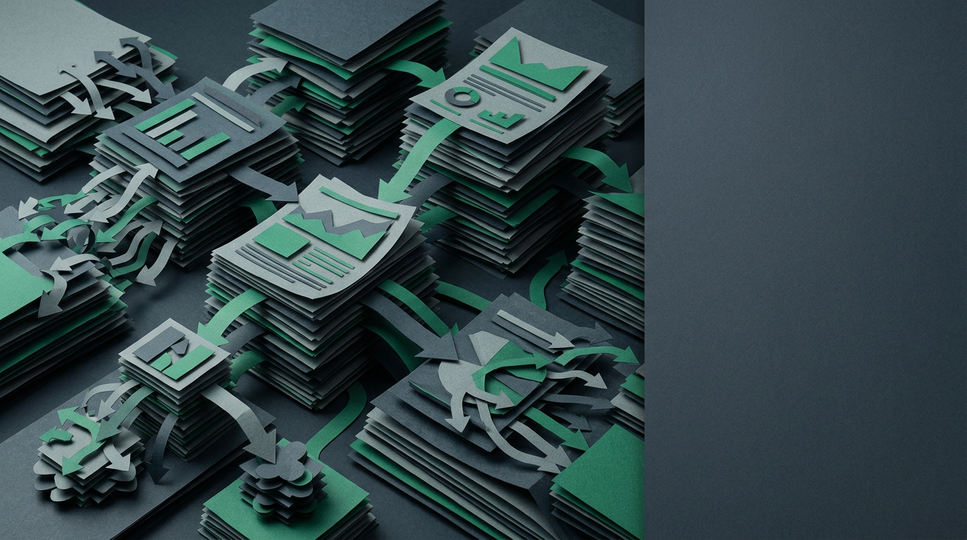 Abstract layered paper-craft diorama of stacked pages and folded arrows illustrating linkable assets that attract natural backlinks at scale
