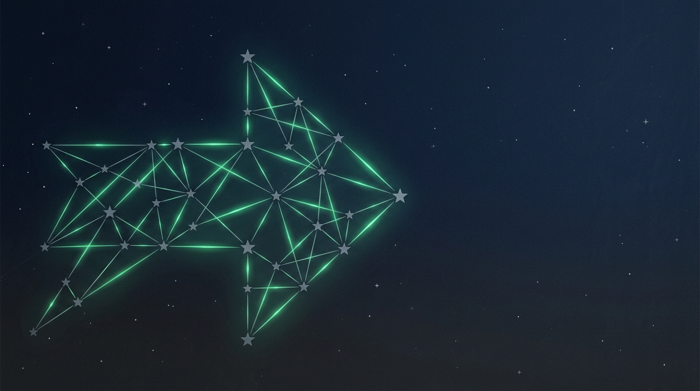 Abstract constellation map of connected stars forming an abstract arrow illustrating perplexity seo playbook for citation retrieval and attribution