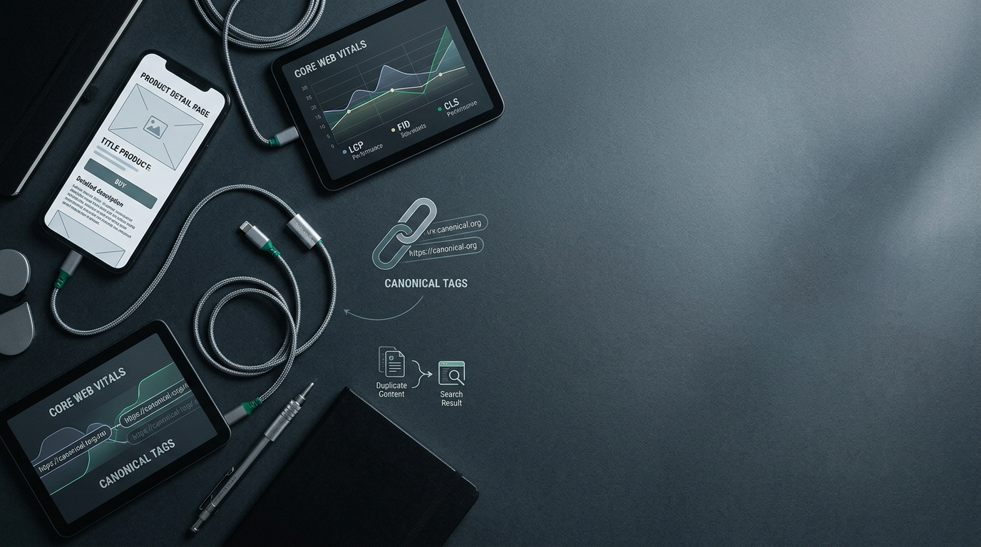 Abstract overhead flat lay of a dark desk with tools illustrating product page seo guide for stores with supplier copy