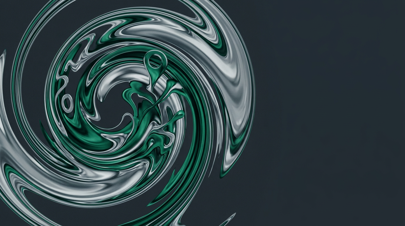 Abstract liquid chrome and emerald ink swirling into a spiral illustrating seo for dentists: the practical guide to patient bookings