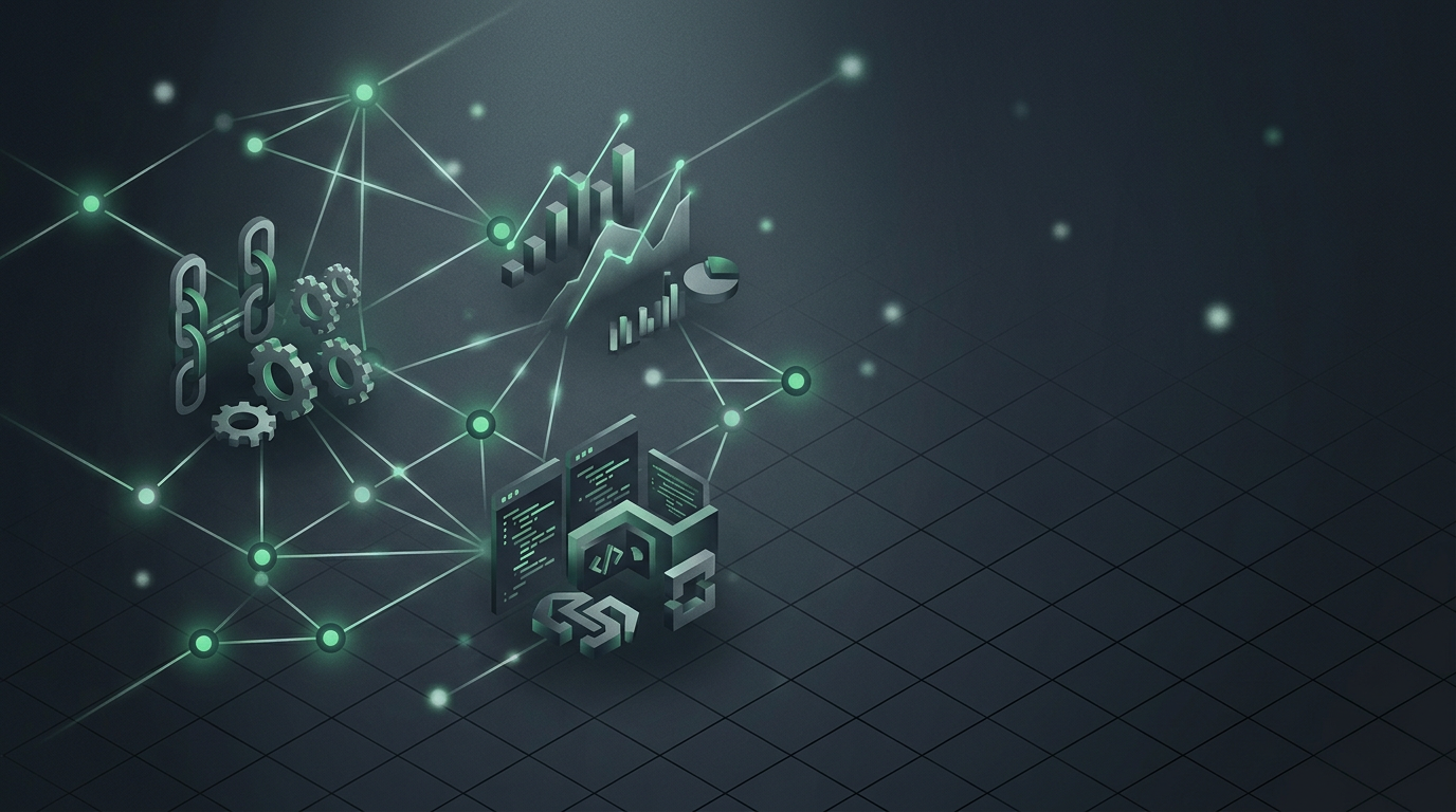Abstract isometric 3D network of glowing linked nodes and thin light beams over a dark slate grid illustrating seo for startups: what to build first and what to ignore
