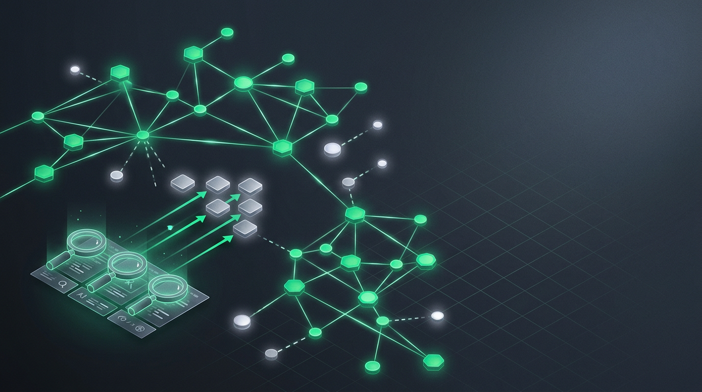 Abstract isometric 3D network of glowing linked nodes and thin light beams over a dark slate grid illustrating how to find unlinked mentions and turn press into backlinks