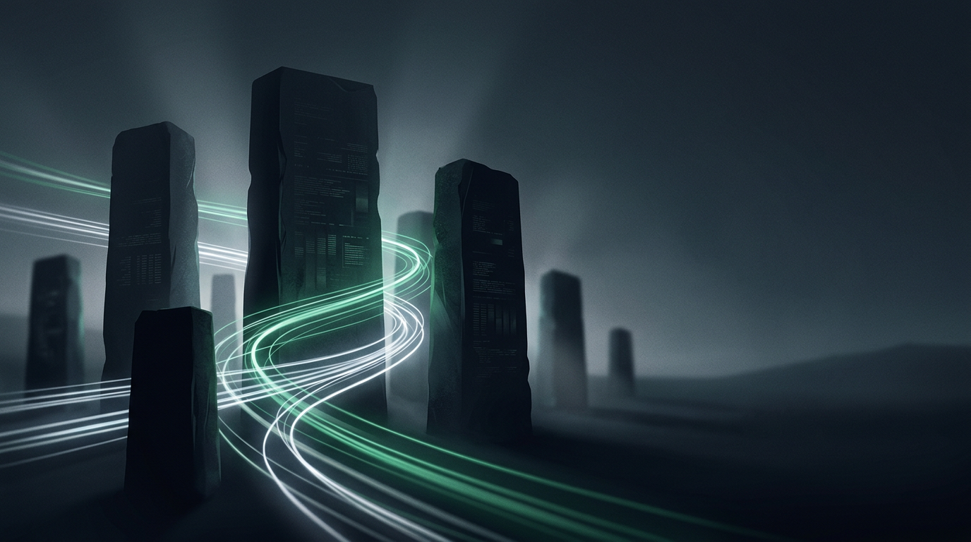 Abstract long exposure light trails weaving between dark monoliths illustrating what is eeat and how does google actually measure it?